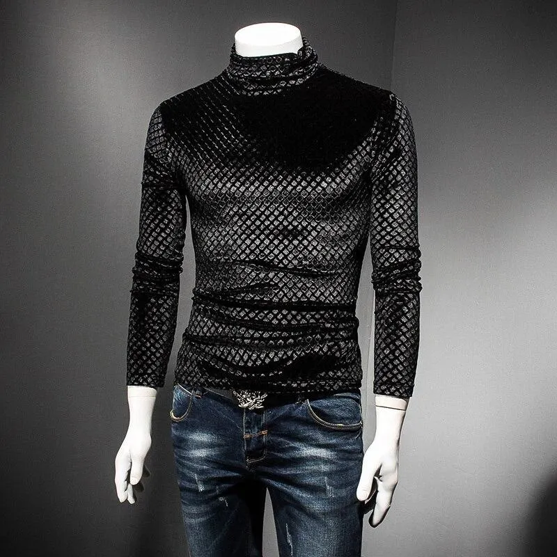 Autumn Winter Luxury Men's Plaid Turtleneck Slim-fit T-shirt Outfit for Club