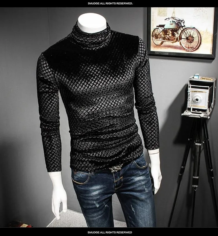 Autumn Winter Luxury Men's Plaid Turtleneck Slim-fit T-shirt Outfit for Club