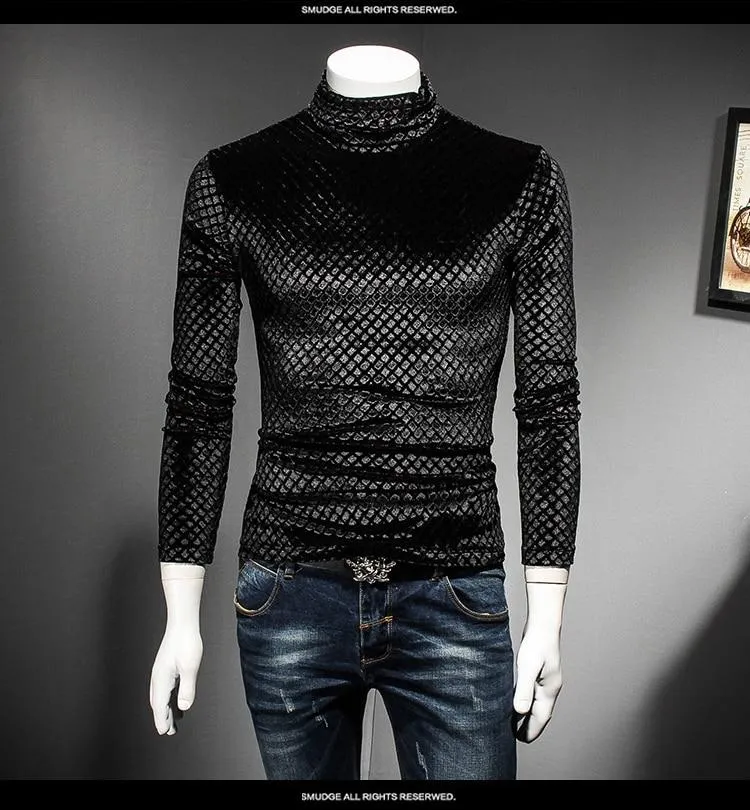 Autumn Winter Luxury Men's Plaid Turtleneck Slim-fit T-shirt Outfit for Club