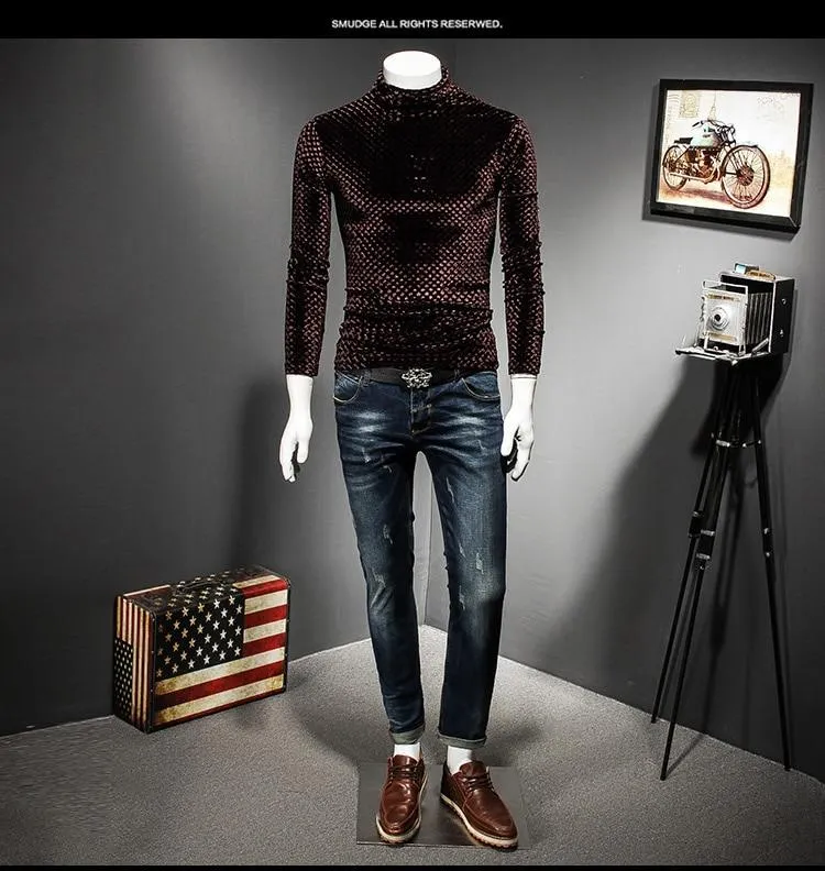 Autumn Winter Luxury Men's Plaid Turtleneck Slim-fit T-shirt Outfit for Club