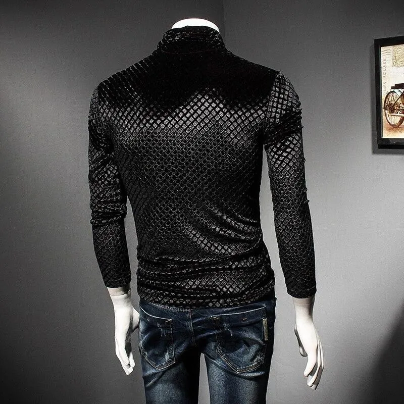 Autumn Winter Luxury Men's Plaid Turtleneck Slim-fit T-shirt Outfit for Club