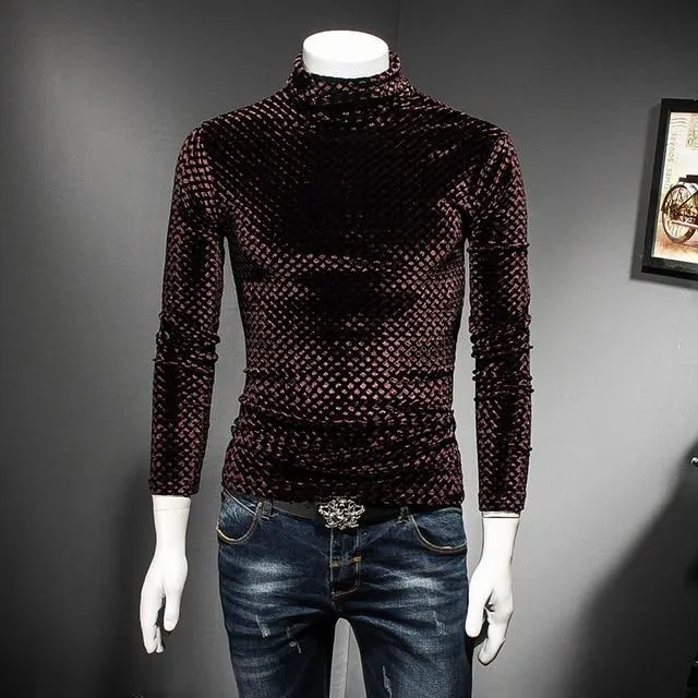 Autumn Winter Luxury Men's Plaid Turtleneck Slim-fit T-shirt Outfit for Club