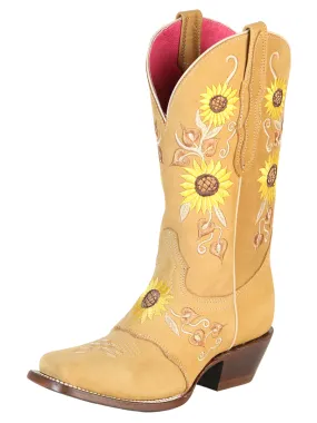 Botas Vaqueras Rodeo de Antifaz con Tubo Bordado de Girasoles de Piel Nobuck para Mujer 'El General' - ID: 51143