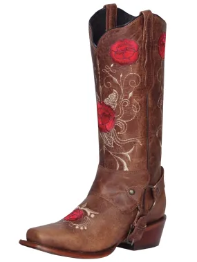 Botas Vaqueras Rodeo de Arnes con Tubo Bordado de Flores de Piel Genuina para Mujer 'El General' - ID: 41783