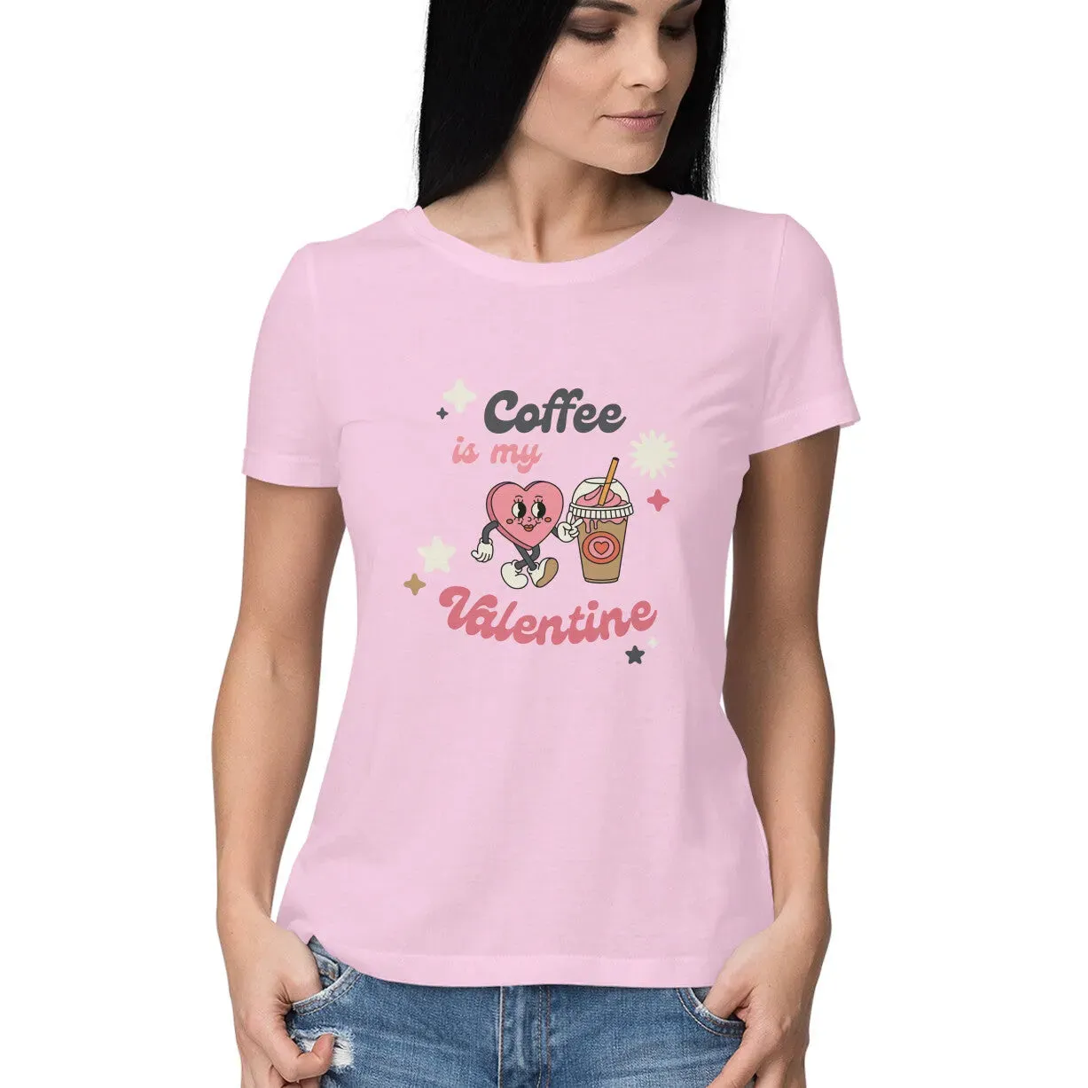 Coffee Valentine Typographic Half Sleeves Cotton T-shirt for Women