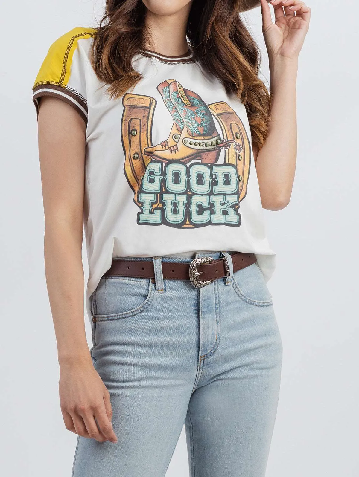 Delila Good Luck Graphic Contrast Stitching Short Sleeve Tee