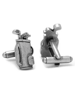 Golf Bag Cufflinks - Silver Antique Finish - Bullet Back Closure