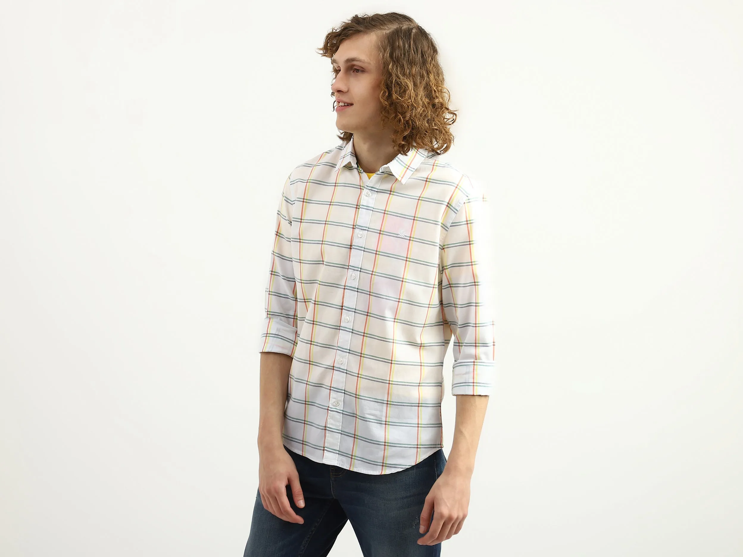 Men Checked Spread Collar Shirt