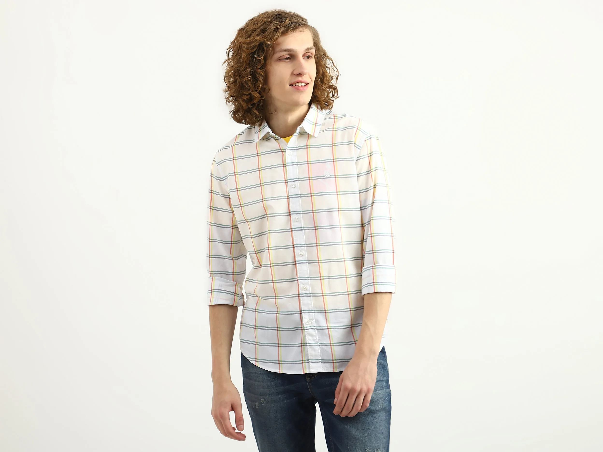 Men Checked Spread Collar Shirt