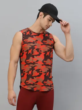 Orange Camouflage Printed Round Neck Sleeveless Activewear T-Shirt Vest